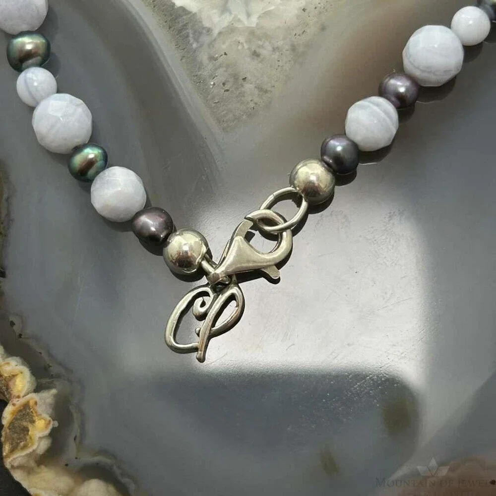 Carolyn Pollack Sterling Blue Lace Agate &Eggplant Pearl Bead Necklace For Women